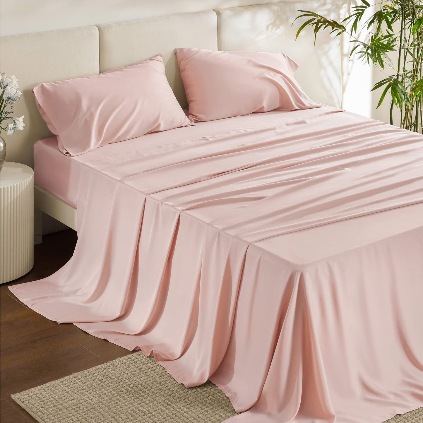Bedsure Queen Sheet Set, Cooling Sheets for Queen Size Bed Set, Rayon Derived from Bamboo, Breathable & Soft Deep Pocket Up to 16 Inches, Hotel Luxury Silky Bedding, Bedsheet & Pillowcases, Dark Grey