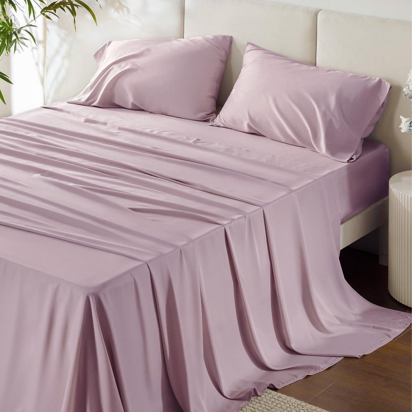Bedsure Queen Sheet Set, Cooling Sheets for Queen Size Bed Set, Rayon Derived from Bamboo, Breathable & Soft Deep Pocket Up to 16 Inches, Hotel Luxury Silky Bedding, Bedsheet & Pillowcases, Dark Grey