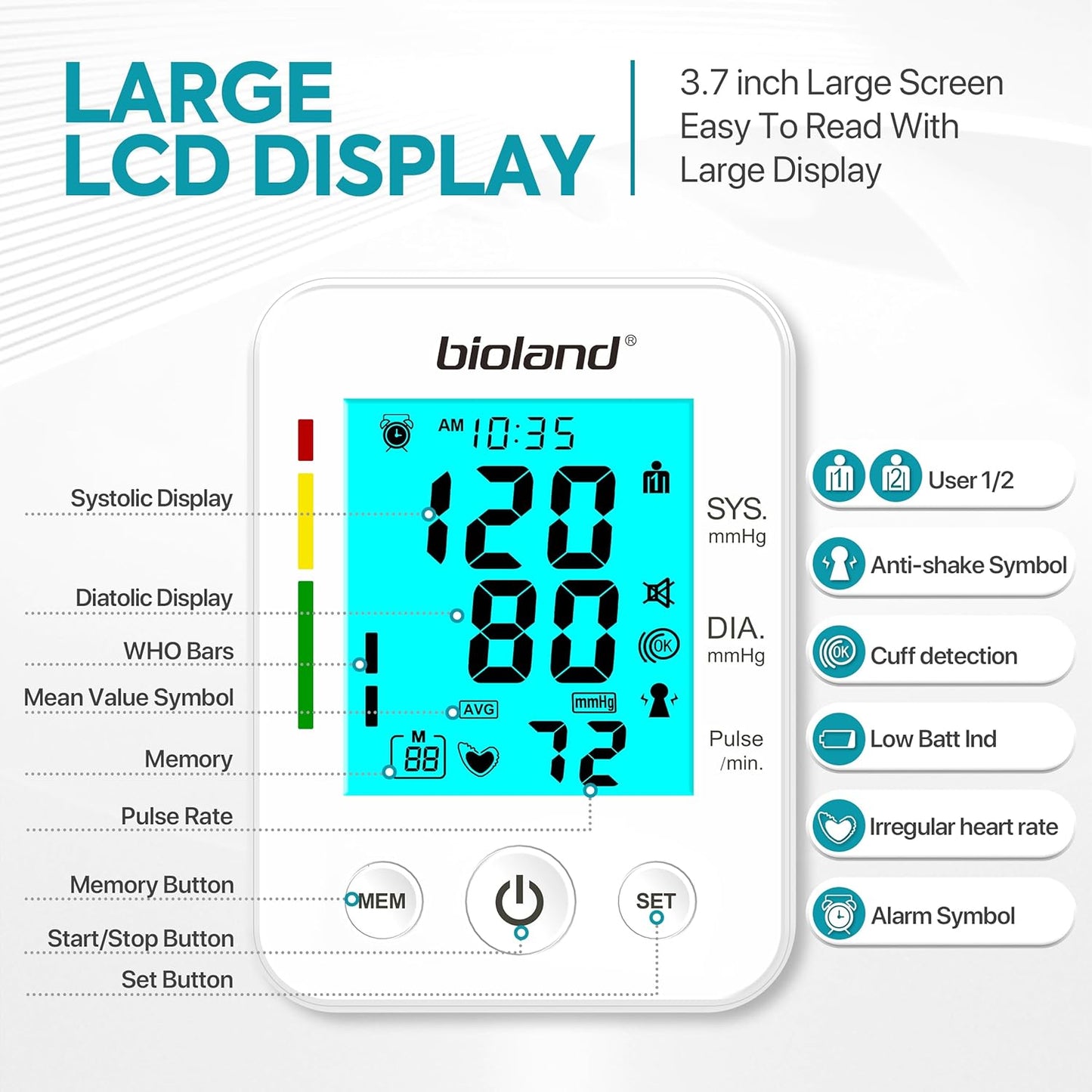Blood Pressure Monitor Upper Arm Large Cuff, Backlit Large LCD Screen, Automatic Digital Blood Pressure Machine, Adjustable BP Cuff, BPM Model - 2008