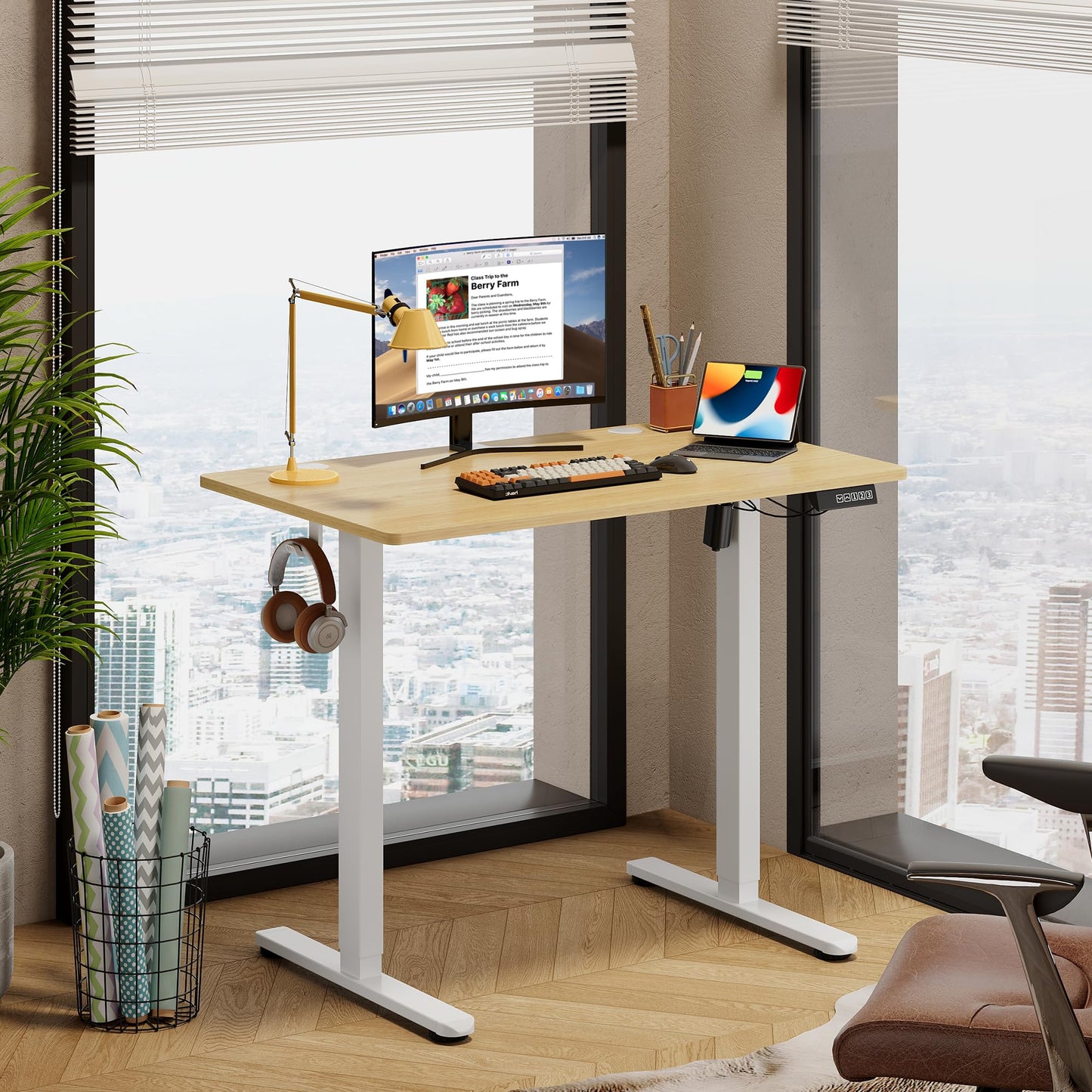 DEVAISE 48 X 24 Inches Electric Standing Desk,Height Adjustable Stand up Desk for Home Office, Ergonomic Sit to Stand Desk with Phone Holder,White