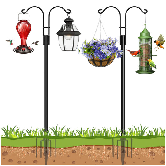 Ottsuls Bird Feeder Pole, 2 Pack 92 INCH Double Shepherds Hooks for Outdoor, Garden Pole with 5 Base Prongs Heavy Duty Planter Hooks for Hanging Plant Baskets, Lantern, Hummingbird Feeder