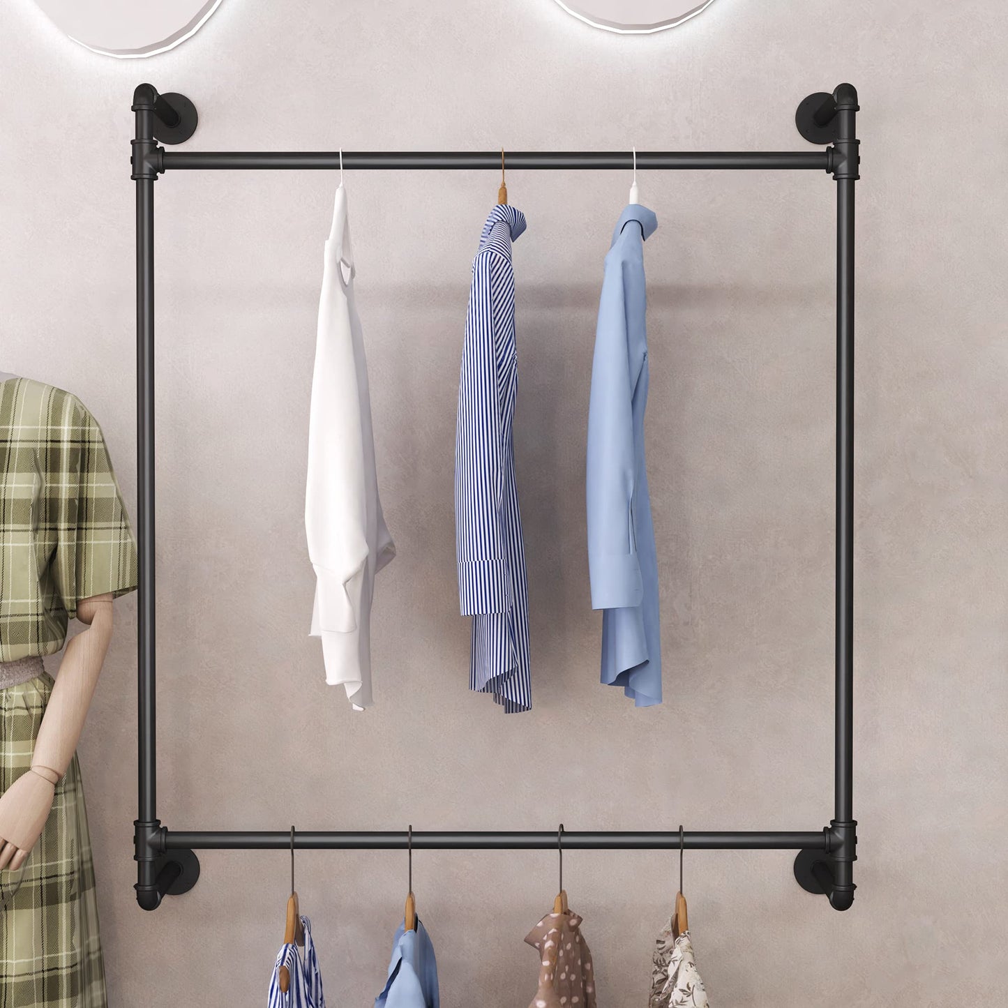 Industrial Pipe Clothing Rack Wall Mounted Clothes Rack Heavy Duty Closet Rod for Retail, Laundry Room, Bedroom