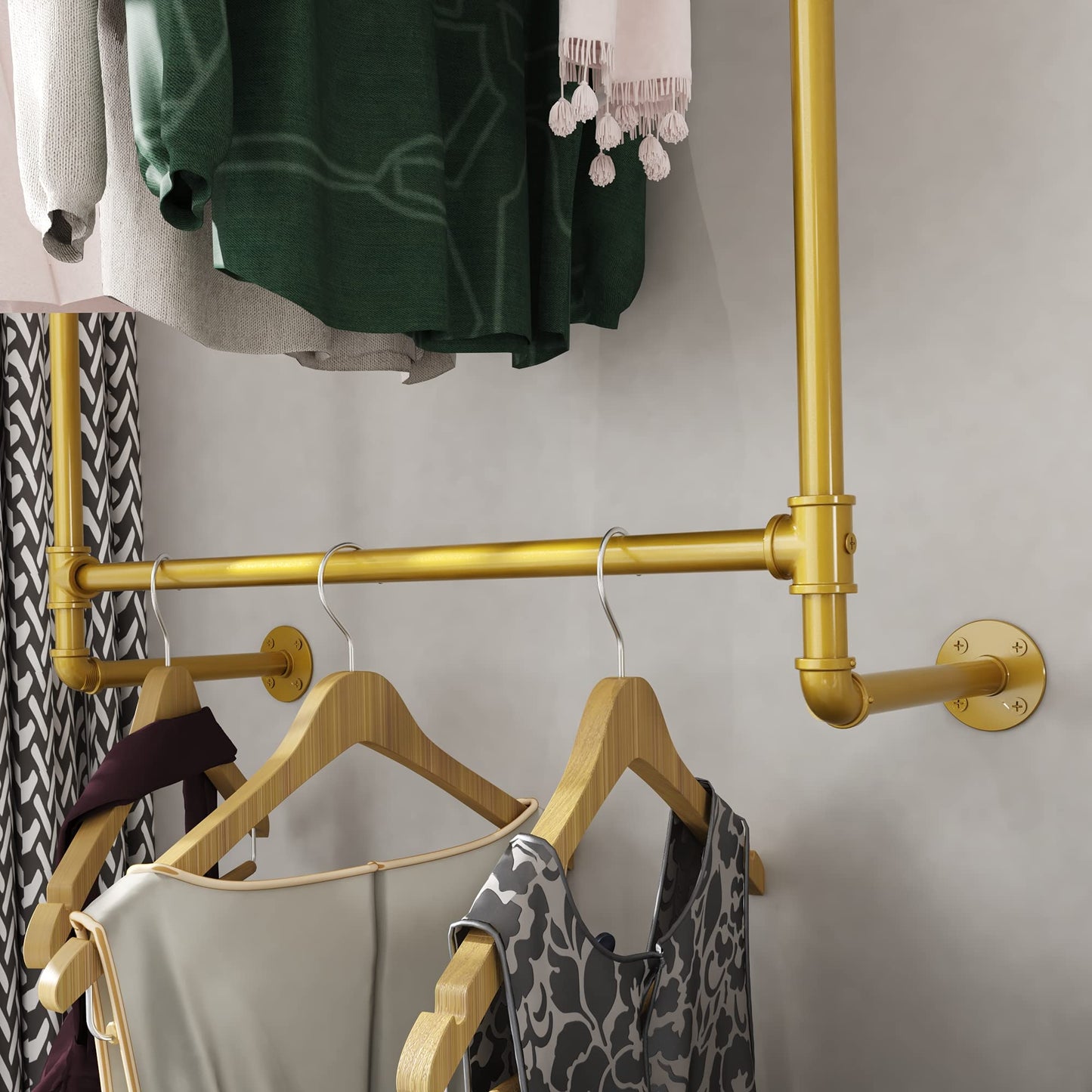 Industrial Pipe Clothing Rack Wall Mounted Clothes Rack Heavy Duty Closet Rod for Retail, Laundry Room, Bedroom
