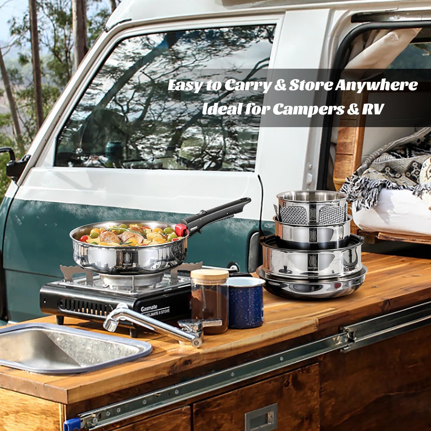ROYDX 16pcs Pots and Pans Set, Stainless Steel Cookware Set Detachable Handle, Induction Kitchen Stackable RV Cookware Sets, (Camper, Boat, Small Kitchen), Dishwasher Safe&Oven Safe, PFOA Free, Silver