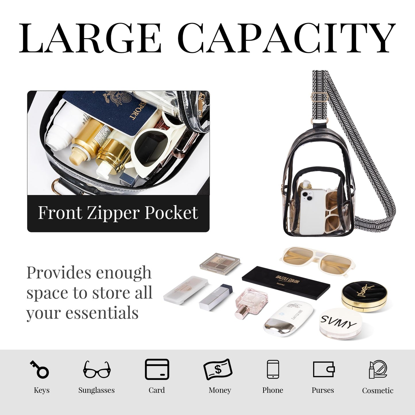 Clear Bag Stadium Approved Crossbody Sling Bag Fanny Pack Backpack Purse for Women Men for Sport Events