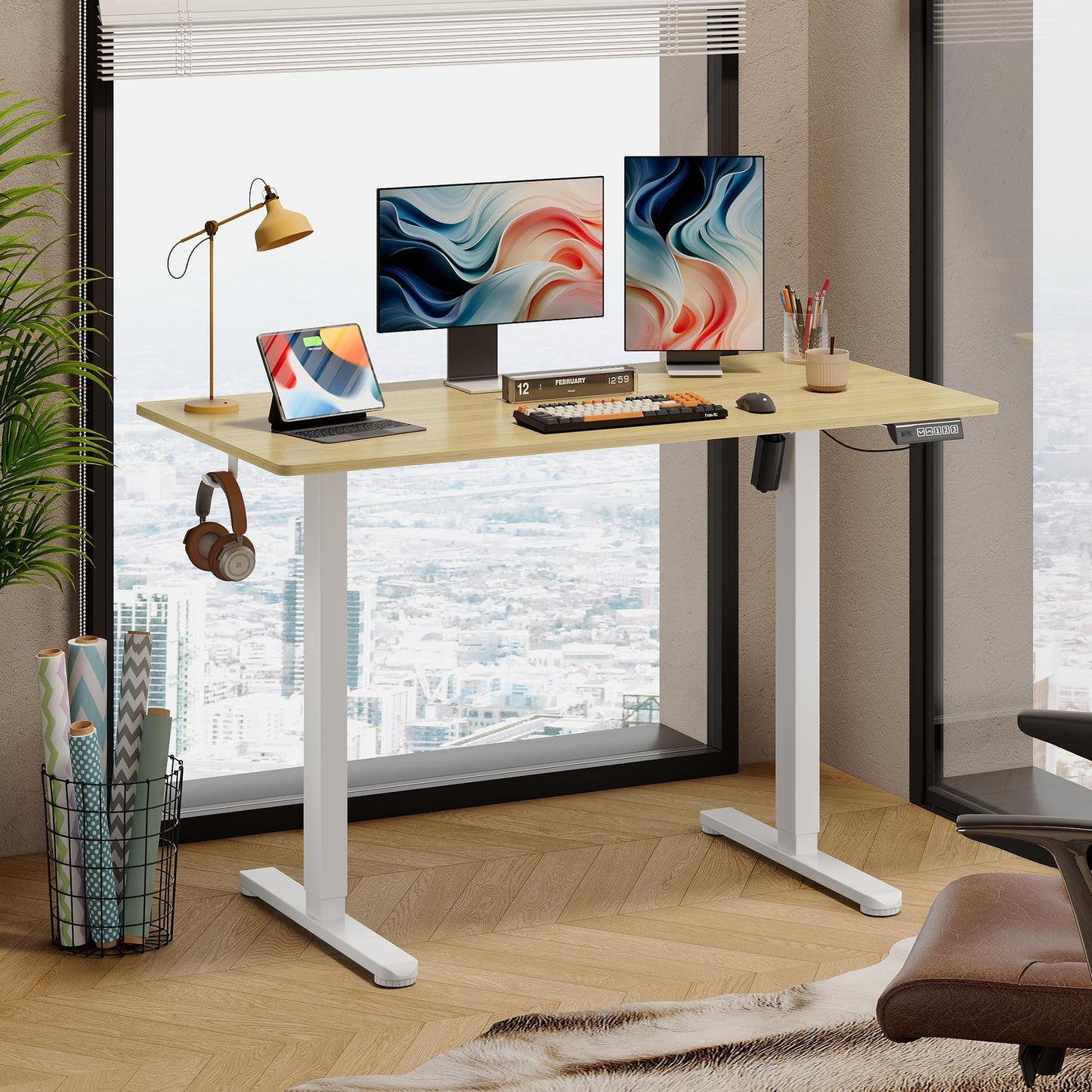DEVAISE 48 X 24 Inches Electric Standing Desk,Height Adjustable Stand up Desk for Home Office, Ergonomic Sit to Stand Desk with Phone Holder,White