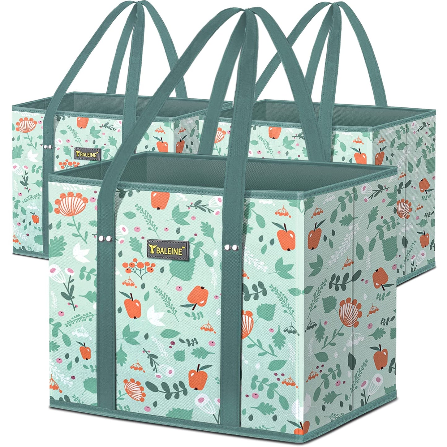 BALEINE 3Pk Reusable Grocery Bags, Foldable Shopping Bags for Groceries with Reinforced Bottom & Handles (Antique Foliage)