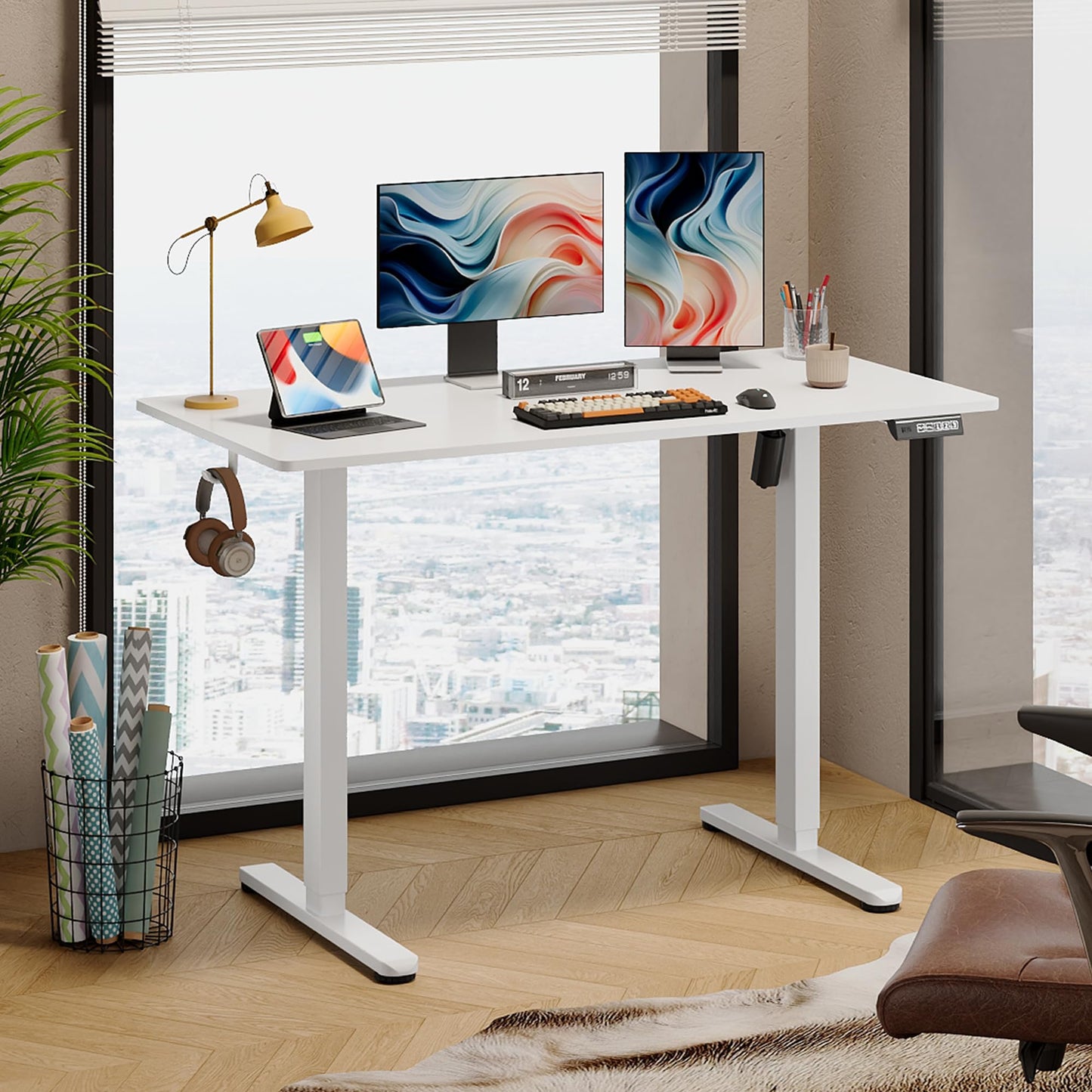 DEVAISE 48 X 24 Inches Electric Standing Desk,Height Adjustable Stand up Desk for Home Office, Ergonomic Sit to Stand Desk with Phone Holder,White