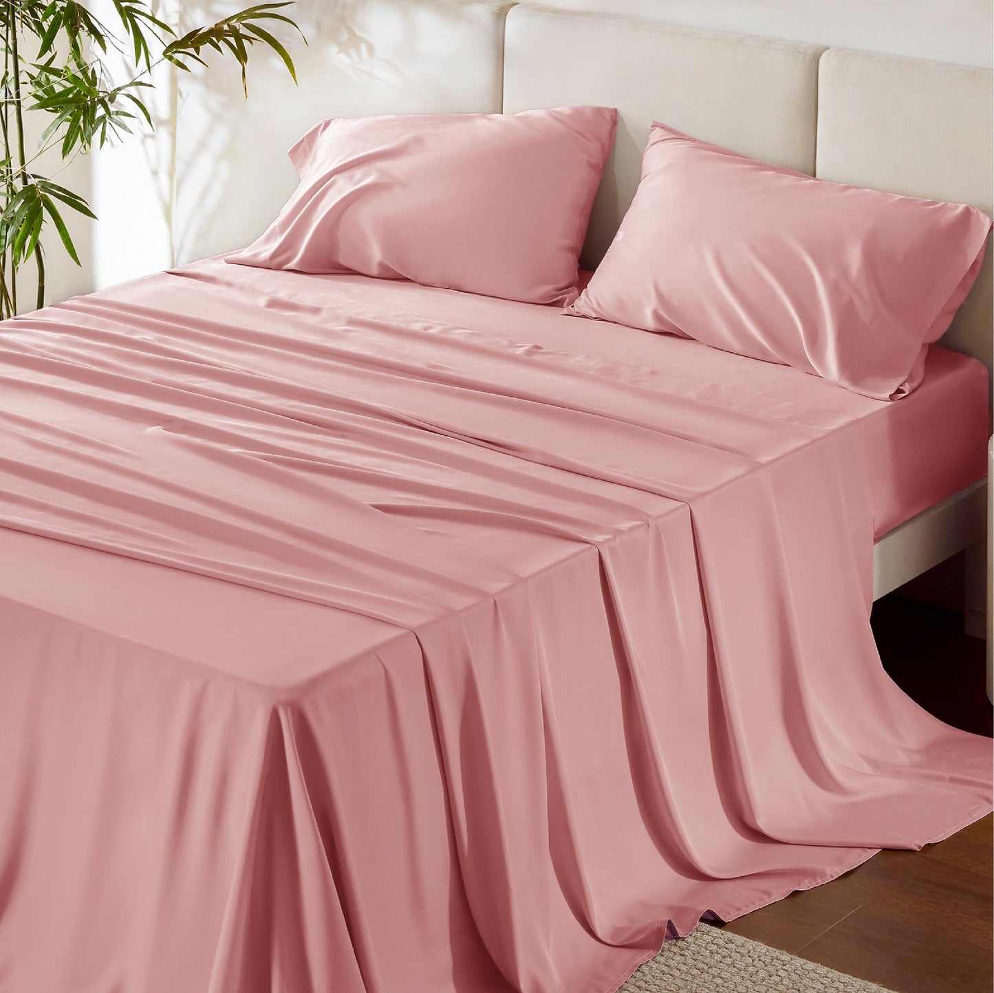 Bedsure Queen Sheet Set, Cooling Sheets for Queen Size Bed Set, Rayon Derived from Bamboo, Breathable & Soft Deep Pocket Up to 16 Inches, Hotel Luxury Silky Bedding, Bedsheet & Pillowcases, Dark Grey