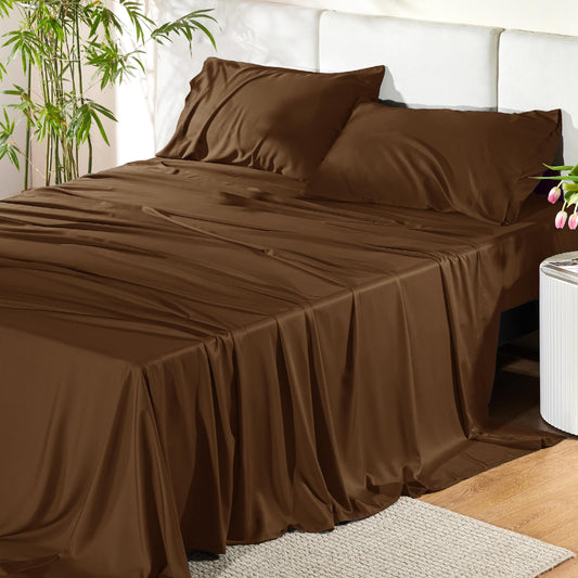 Bedsure Queen Sheet Set, Cooling Sheets for Queen Size Bed Set, Rayon Derived from Bamboo, Breathable & Soft Deep Pocket Up to 16 Inches, Hotel Luxury Silky Bedding, Bedsheet & Pillowcases, Dark Grey