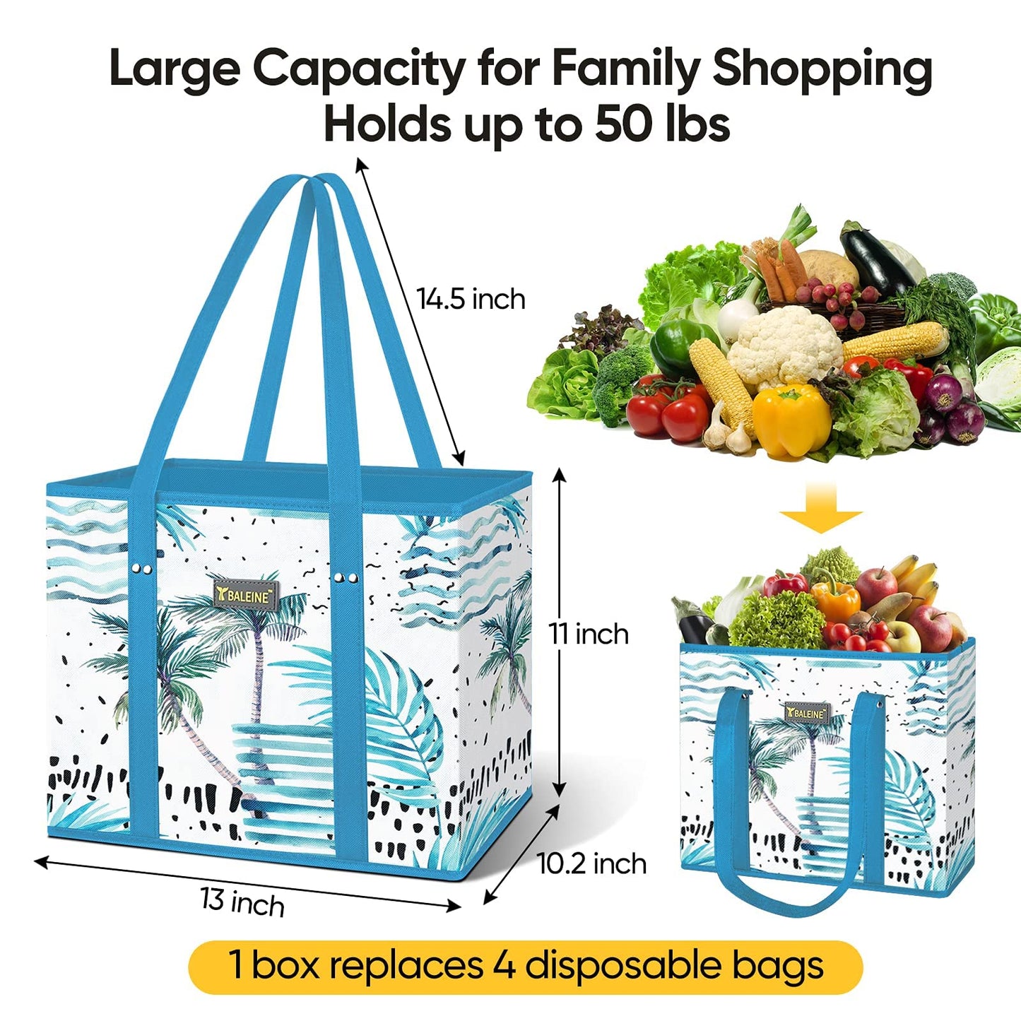 BALEINE 3Pk Reusable Grocery Bags, Foldable Shopping Bags for Groceries with Reinforced Bottom & Handles (Antique Foliage)