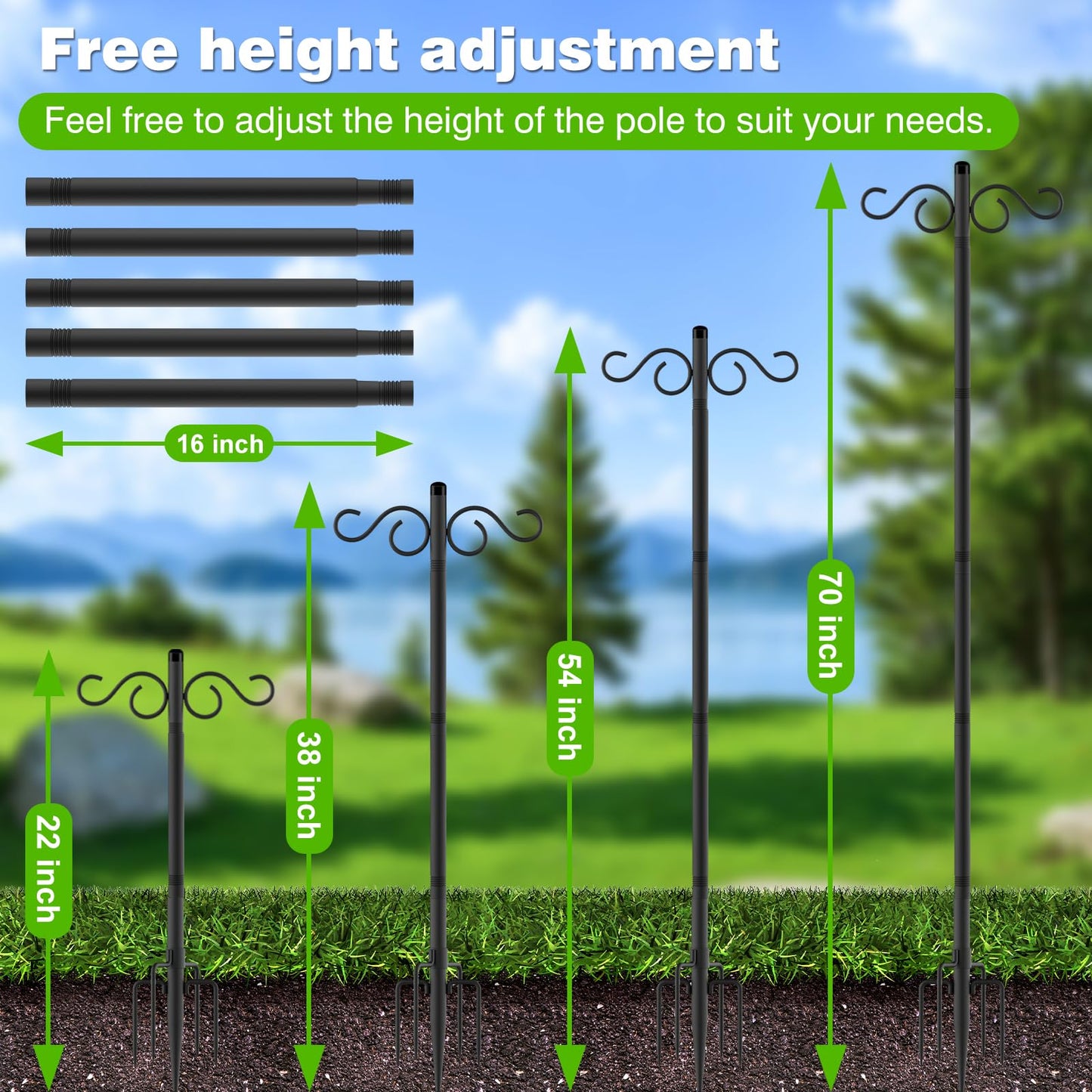 Double Shepherds Hooks for Outdoor,2 Pack 90 Inch Bird Feeder Pole with 5 Prongs Base,Heavy Duty Shepherds Hook,Suitable for Garden in Hanging Flower Basket,Lantern,Bird Nests (90 Inch)
