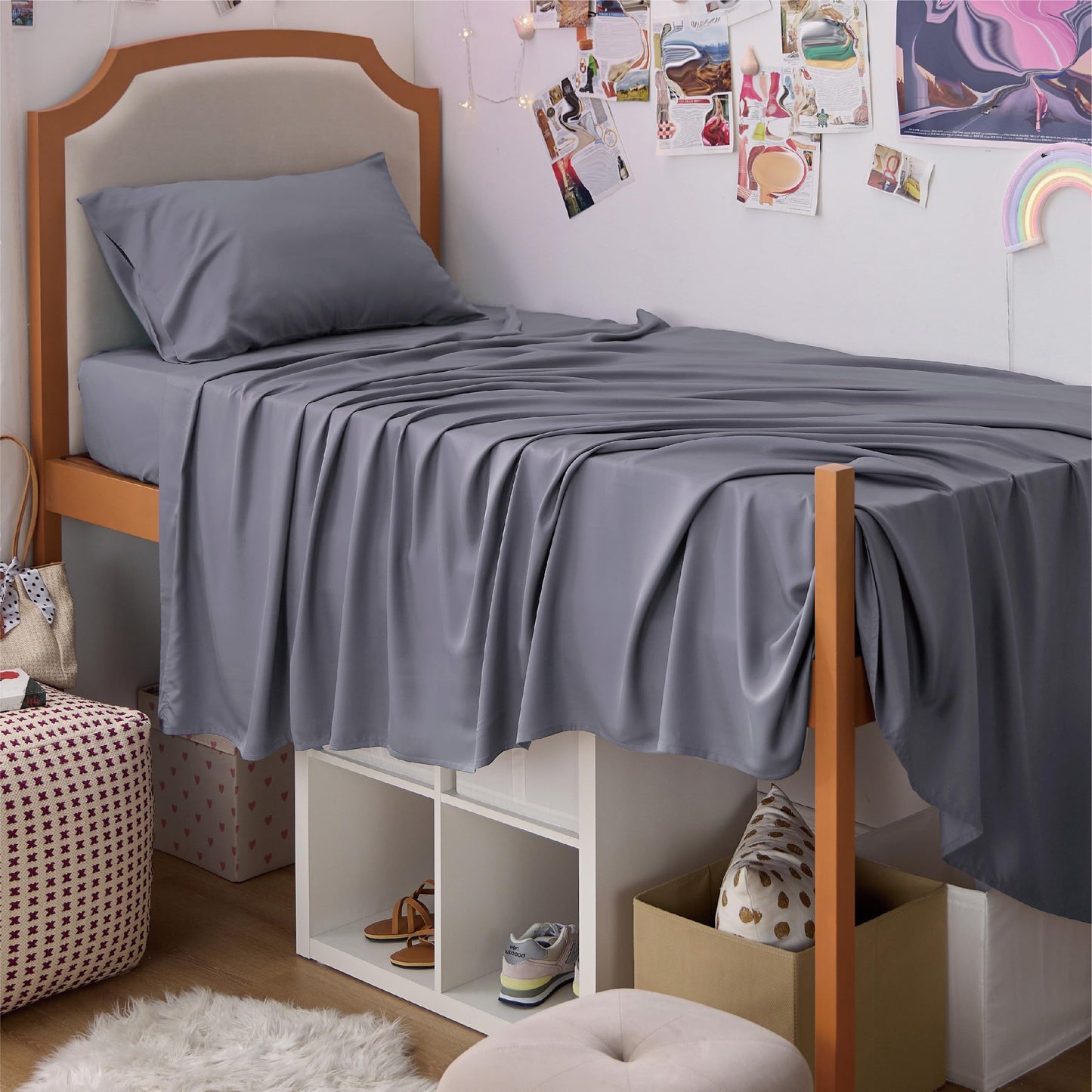Bedsure Queen Sheet Set, Cooling Sheets for Queen Size Bed Set, Rayon Derived from Bamboo, Breathable & Soft Deep Pocket Up to 16 Inches, Hotel Luxury Silky Bedding, Bedsheet & Pillowcases, Dark Grey