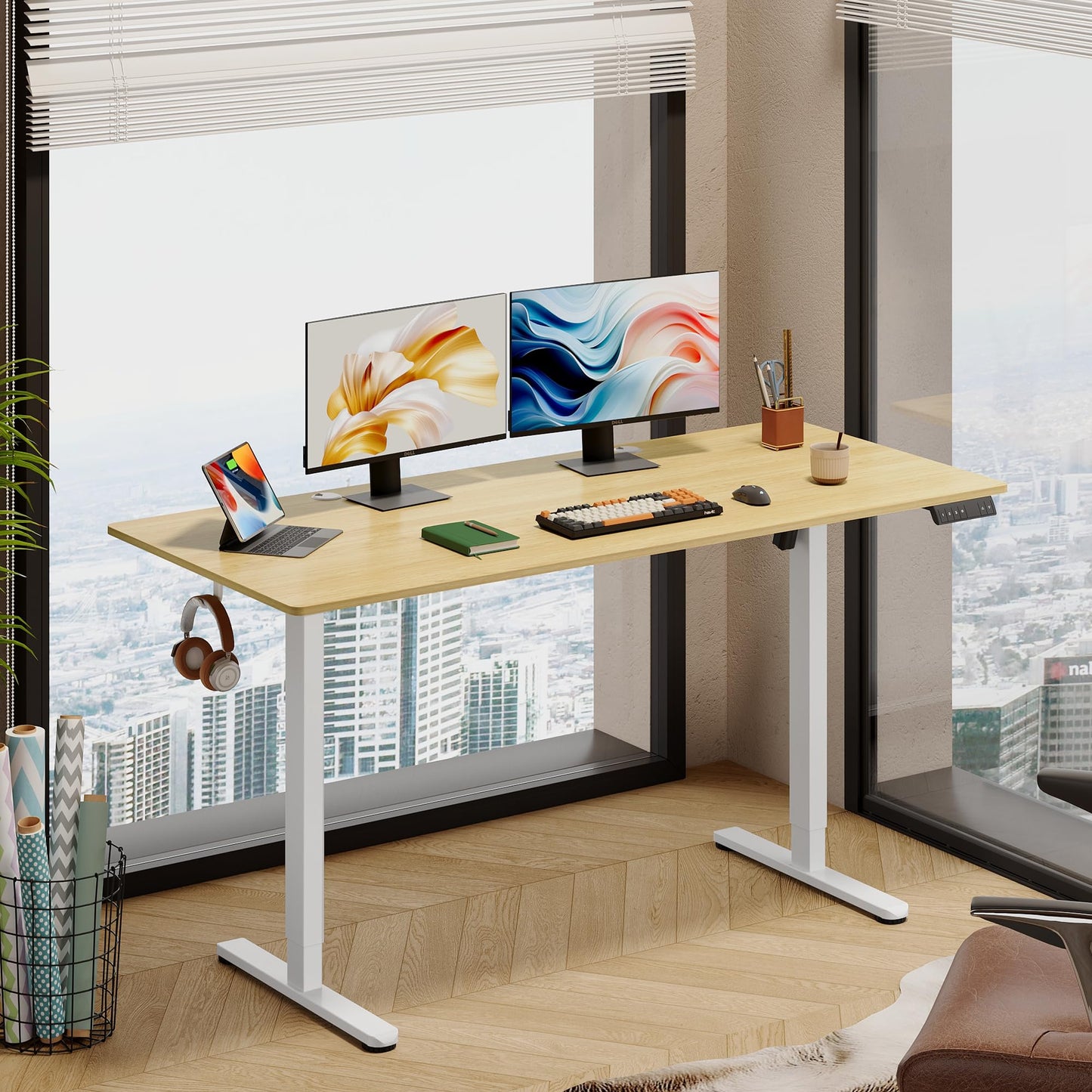 DEVAISE 48 X 24 Inches Electric Standing Desk,Height Adjustable Stand up Desk for Home Office, Ergonomic Sit to Stand Desk with Phone Holder,White