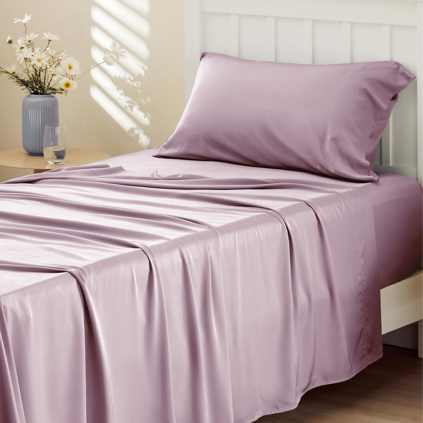 Bedsure Queen Sheet Set, Cooling Sheets for Queen Size Bed Set, Rayon Derived from Bamboo, Breathable & Soft Deep Pocket Up to 16 Inches, Hotel Luxury Silky Bedding, Bedsheet & Pillowcases, Dark Grey