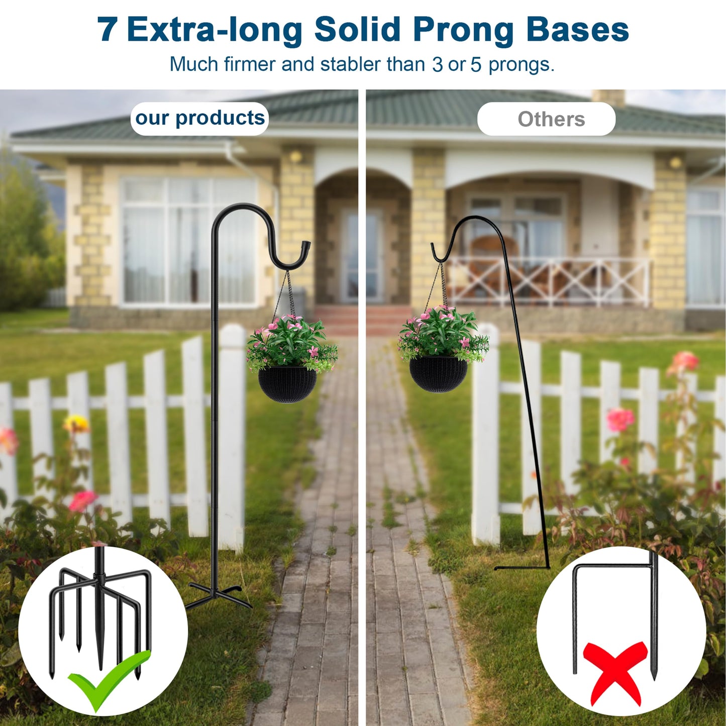 72" Shepherds Hooks for Outdoor, Heavy Duty Bird Feeder Pole with 7 Base Prongs, Adjustable Garden Hanging Holder for Bird Feeders, Solar Light Lanterns, Garden Plant Hanger Stands, 2 Packs