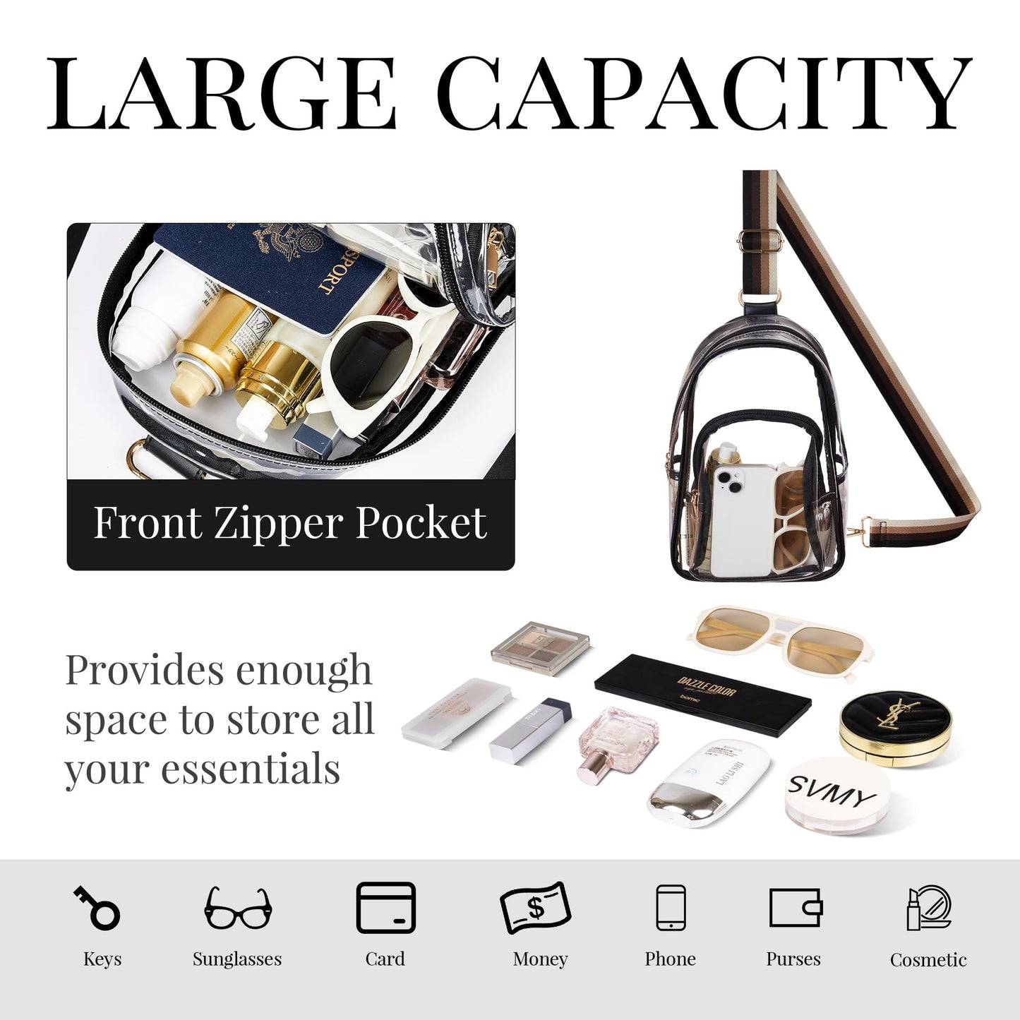 Clear Bag Stadium Approved Crossbody Sling Bag Fanny Pack Backpack Purse for Women Men for Sport Events
