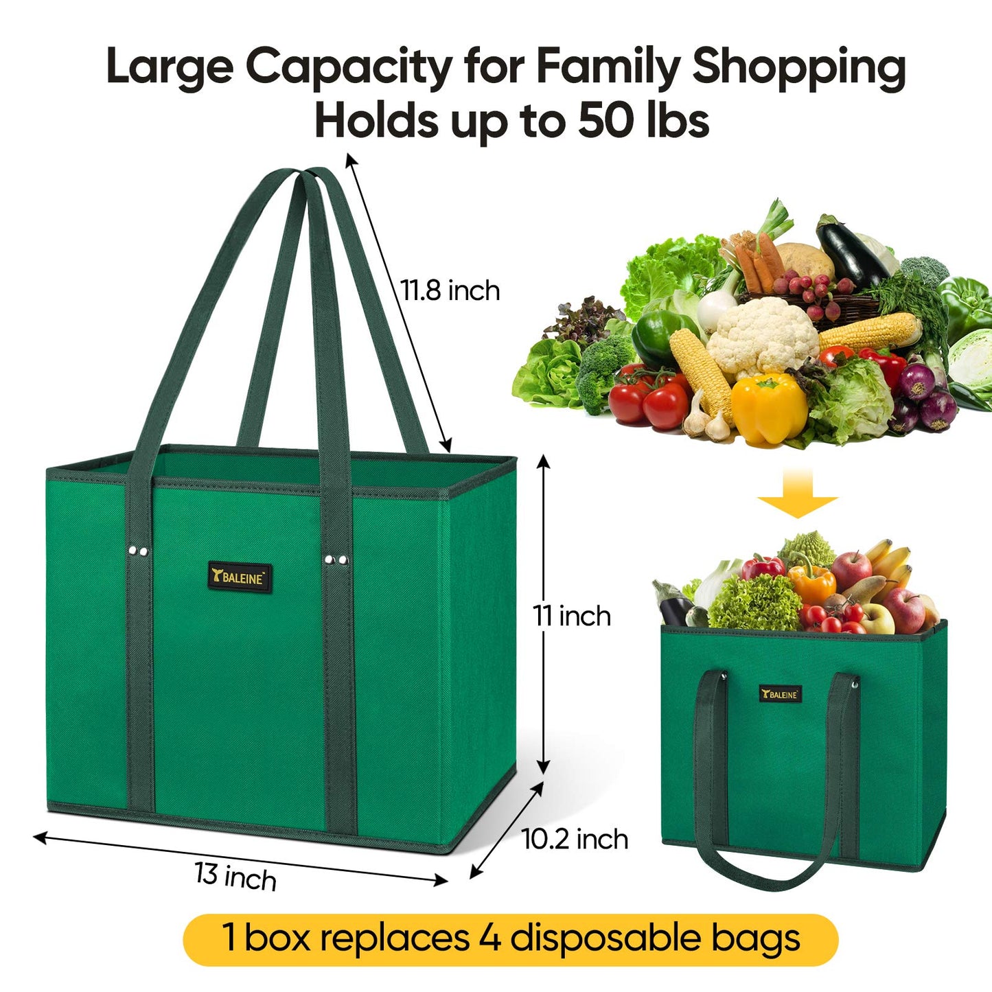 BALEINE 3Pk Reusable Grocery Bags, Foldable Shopping Bags for Groceries with Reinforced Bottom & Handles (Antique Foliage)