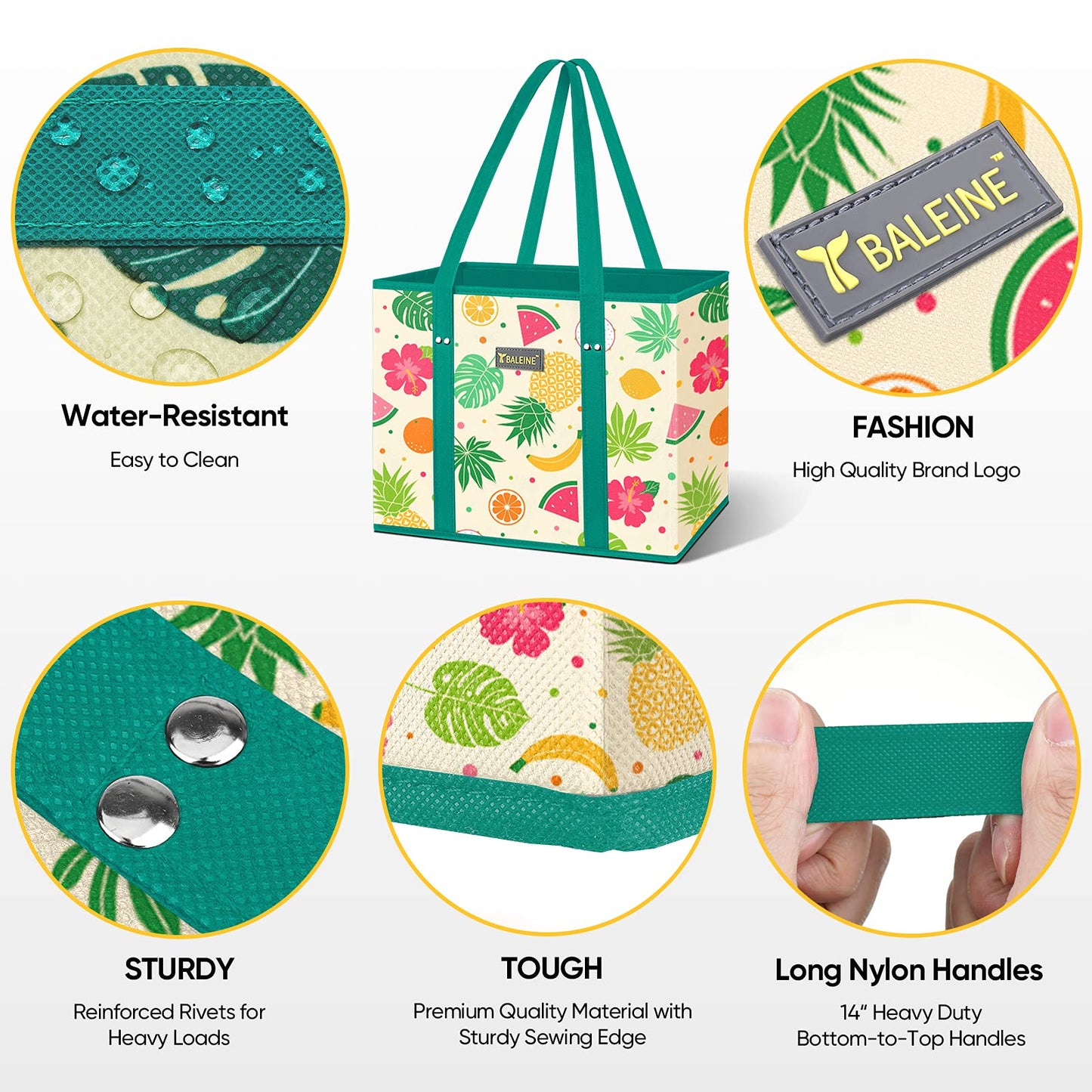 BALEINE 3Pk Reusable Grocery Bags, Foldable Shopping Bags for Groceries with Reinforced Bottom & Handles (Antique Foliage)