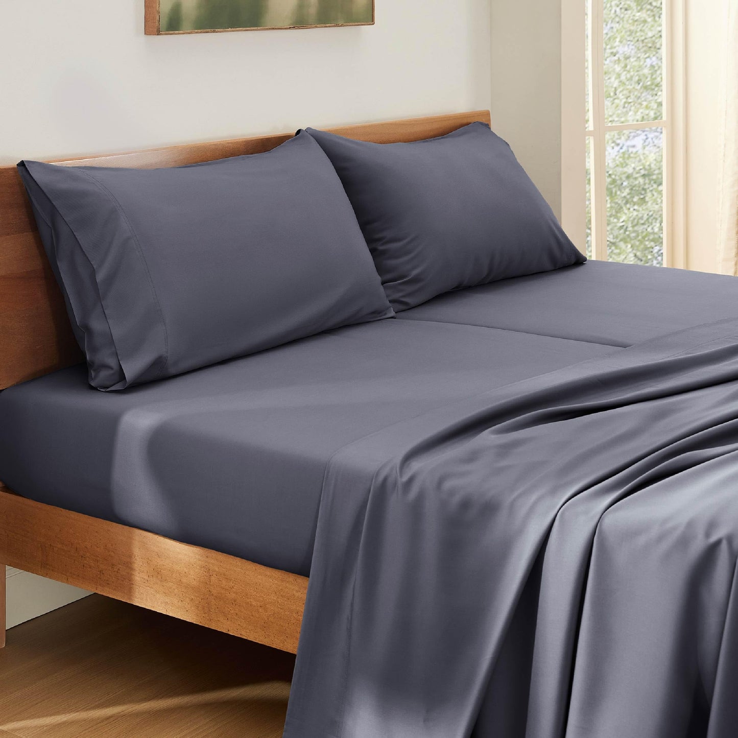 Bedsure Queen Sheet Set, Cooling Sheets for Queen Size Bed Set, Rayon Derived from Bamboo, Breathable & Soft Deep Pocket Up to 16 Inches, Hotel Luxury Silky Bedding, Bedsheet & Pillowcases, Dark Grey