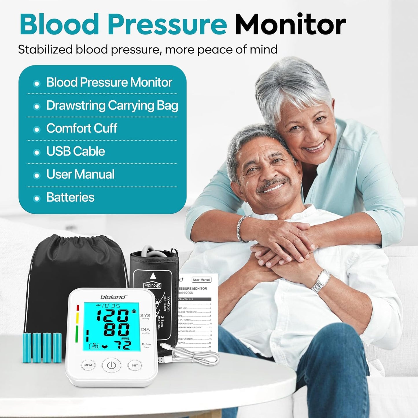 Blood Pressure Monitor Upper Arm Large Cuff, Backlit Large LCD Screen, Automatic Digital Blood Pressure Machine, Adjustable BP Cuff, BPM Model - 2008