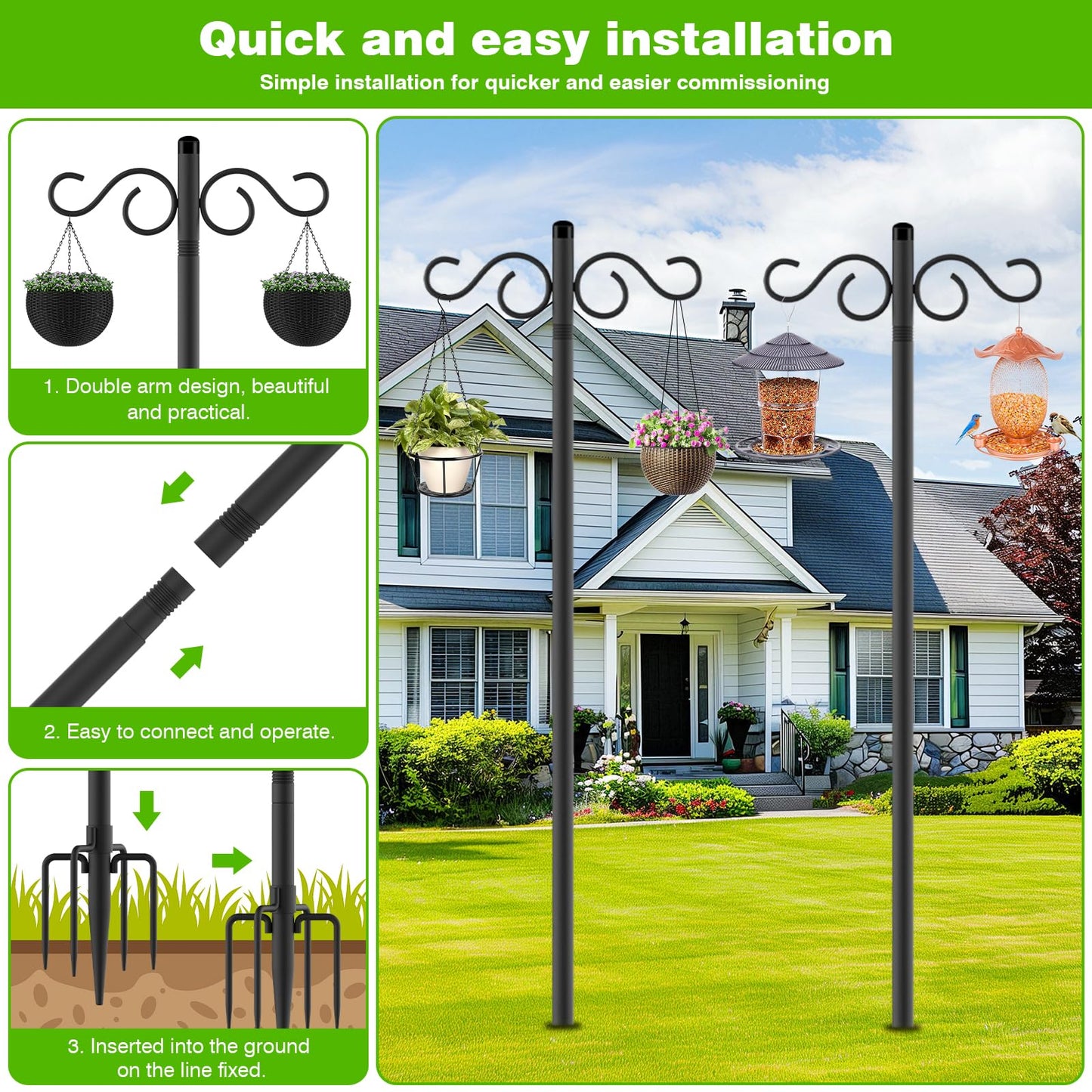 Double Shepherds Hooks for Outdoor,2 Pack 90 Inch Bird Feeder Pole with 5 Prongs Base,Heavy Duty Shepherds Hook,Suitable for Garden in Hanging Flower Basket,Lantern,Bird Nests (90 Inch)