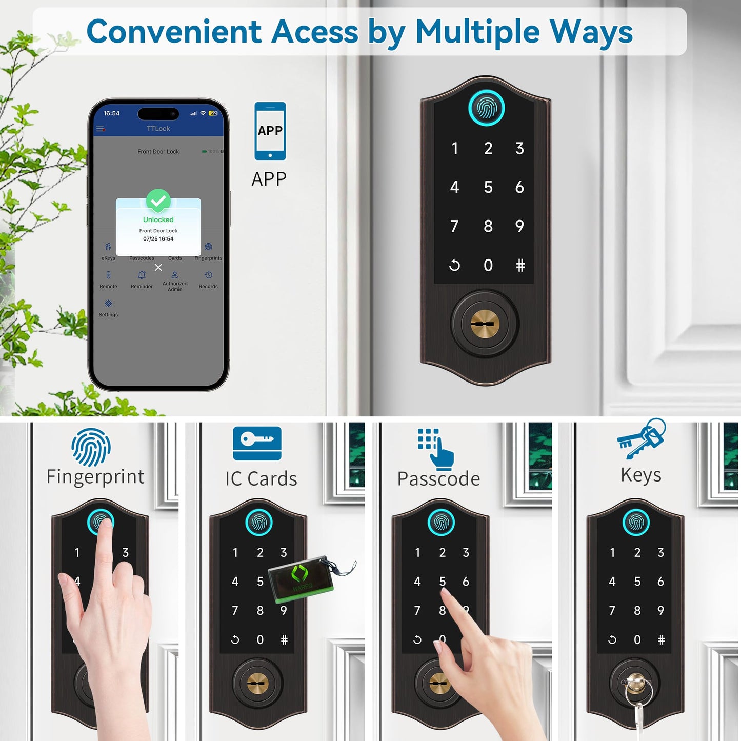 Harfo Fingerprint Smart Door Locks for Front Door with Handle Set, App Control, Keyless Entry Door Lock Keypad Deadbolt, Bluetooth Digital Electronic Touchscreen, Easy Install, Auto Lock, Black
