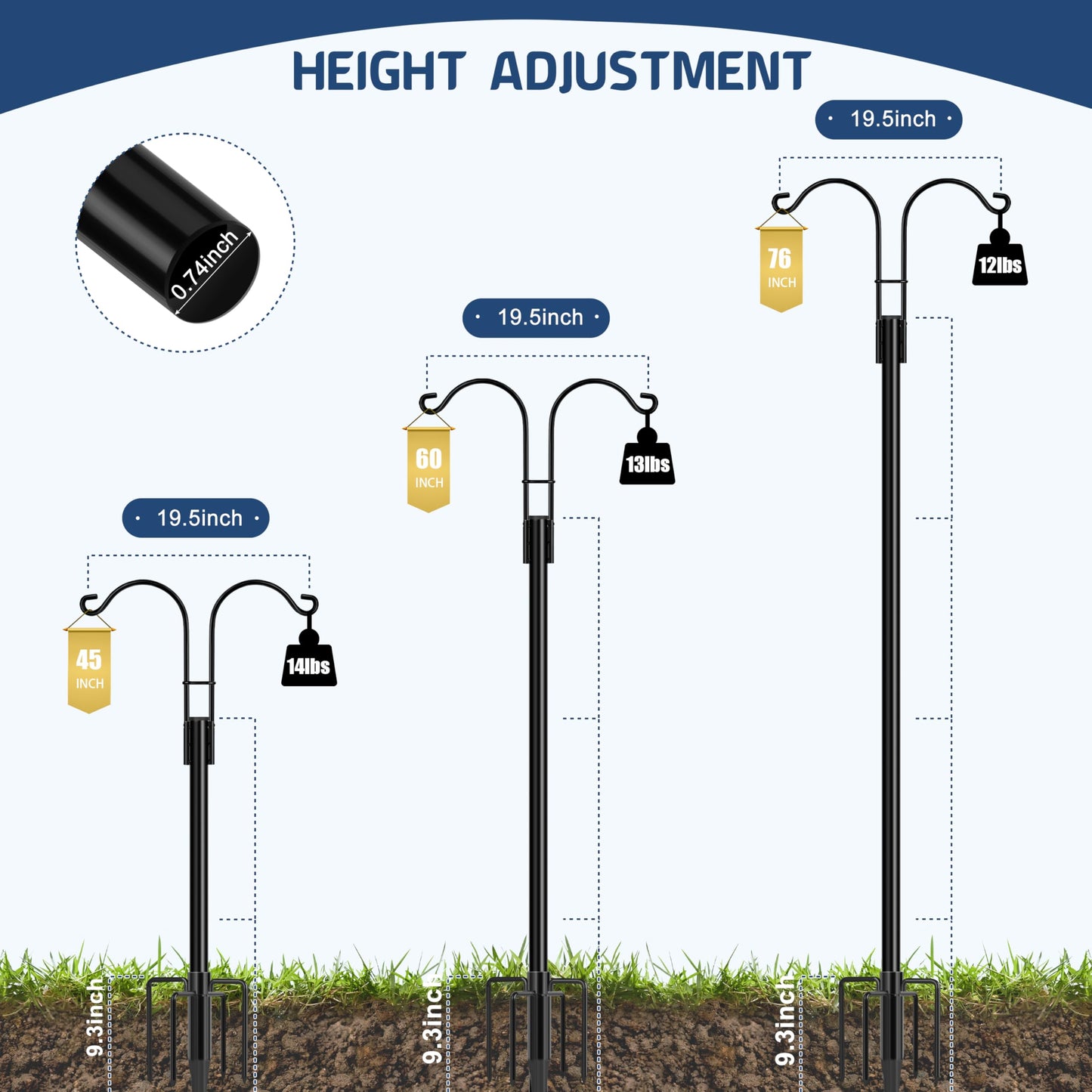 Ottsuls Bird Feeder Pole, 2 Pack 92 INCH Double Shepherds Hooks for Outdoor, Garden Pole with 5 Base Prongs Heavy Duty Planter Hooks for Hanging Plant Baskets, Lantern, Hummingbird Feeder