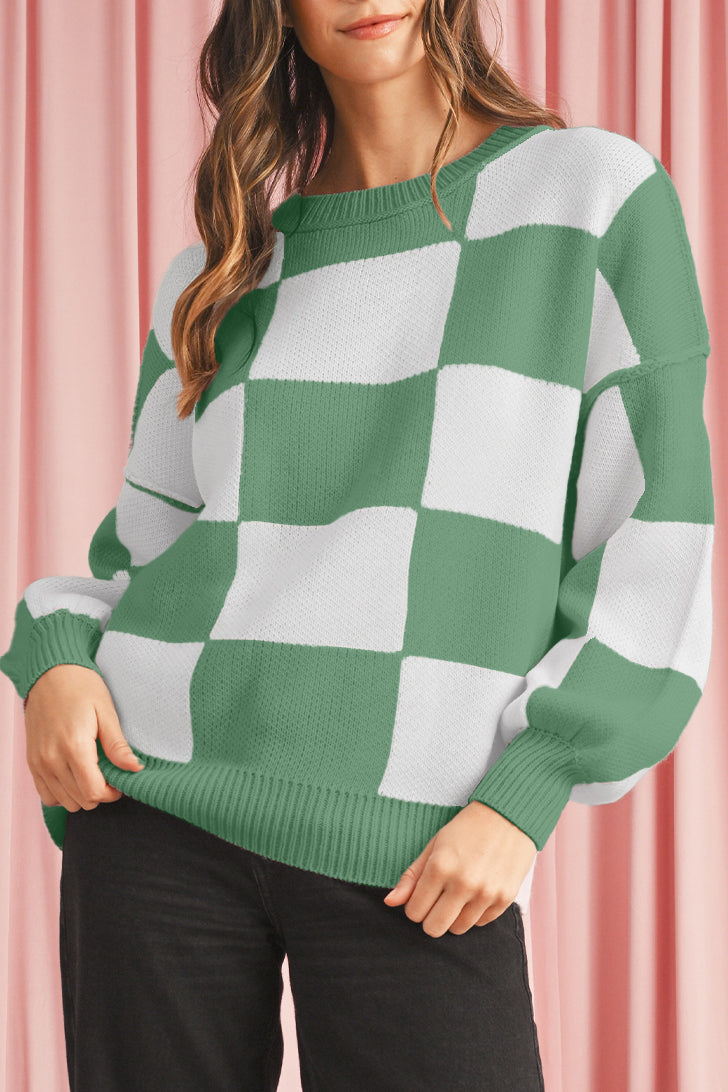 Orange & White Plaid Exposed Seam Bishop Sleeve Sweater