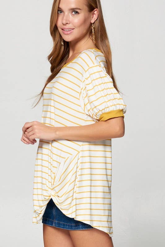 ETK-7615 Striped Bubble Sleeve Side Twist Top