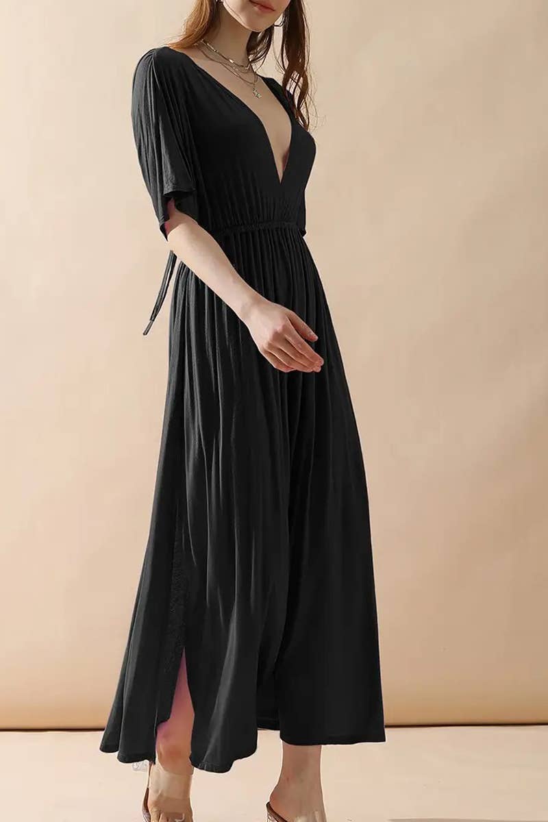 V-Neck Short Sleeve Back Bow Empire Dress