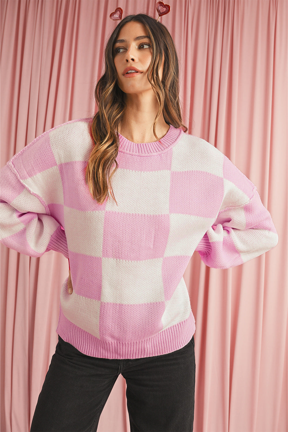 Orange & White Plaid Exposed Seam Bishop Sleeve Sweater