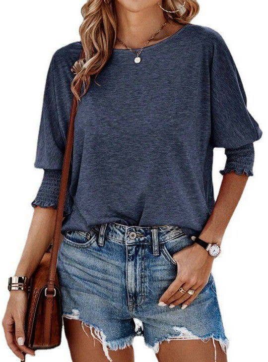 Women's Round Neck Smocked Cuff 3/4 Sleeve Casual Top
