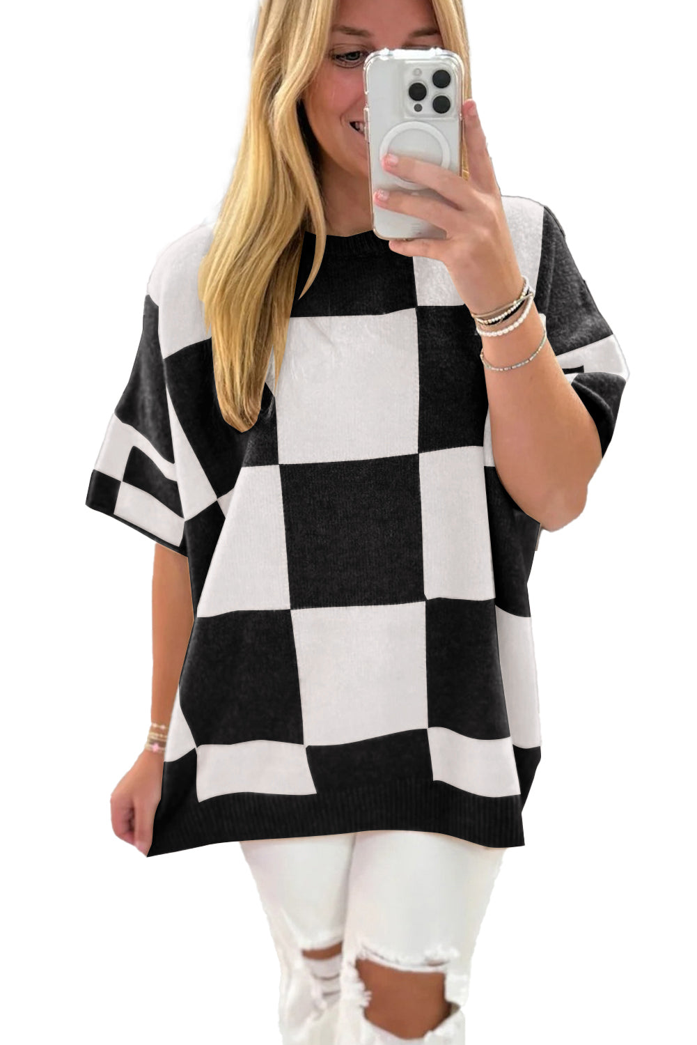 Light French Beige Checkered Pattern Loose Short Sleeve Sweater