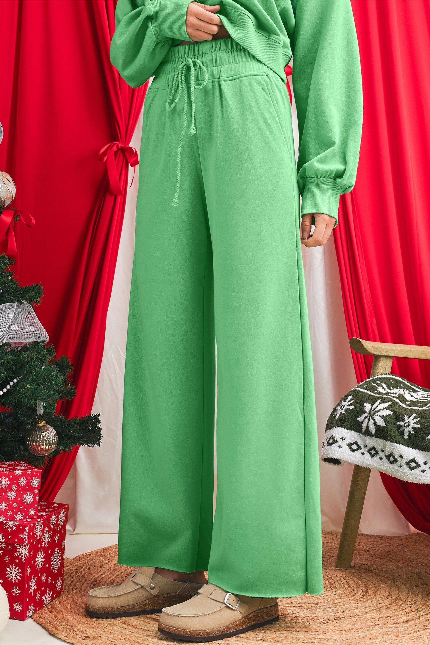 Light Pink Drop Shoulder Crop Pullover Drawstring Wide Leg Pants Set