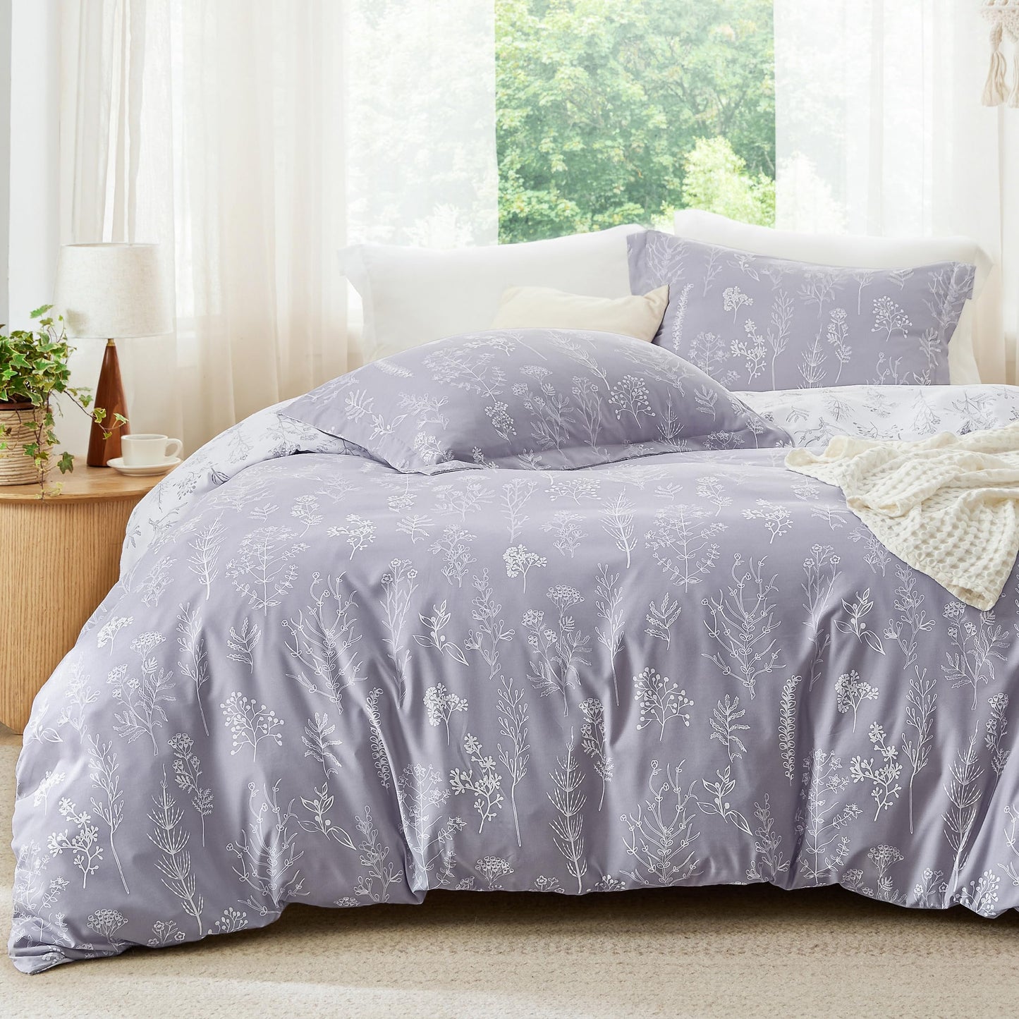 Bedsure Queen Comforter Set - Dark Purple Bed Set, 3 Pieces Cute Floral Bedding, 1 Soft Reversible Botanical Flowers Comforter and 2 Pillow Shams