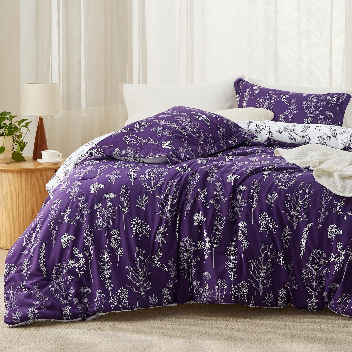 Bedsure Queen Comforter Set - Dark Purple Bed Set, 3 Pieces Cute Floral Bedding, 1 Soft Reversible Botanical Flowers Comforter and 2 Pillow Shams