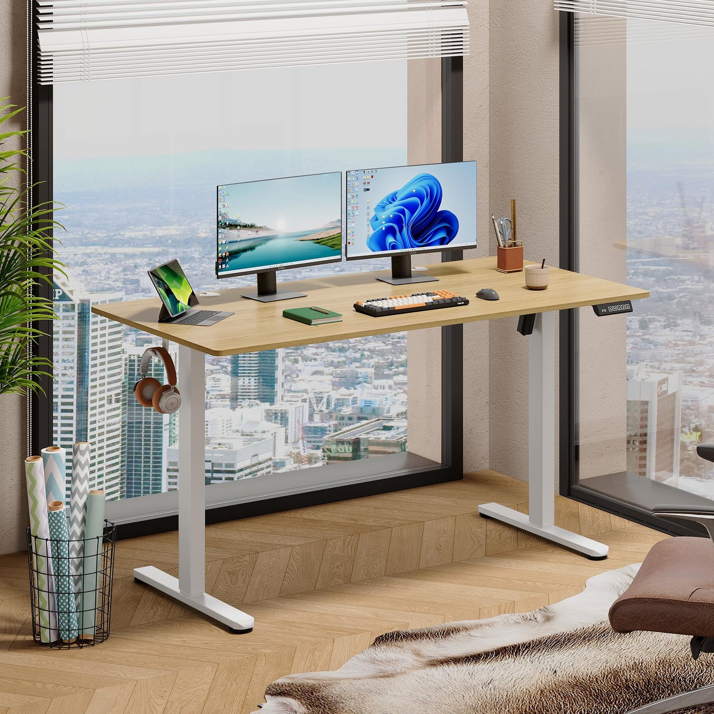 DEVAISE 48 X 24 Inches Electric Standing Desk,Height Adjustable Stand up Desk for Home Office, Ergonomic Sit to Stand Desk with Phone Holder,White