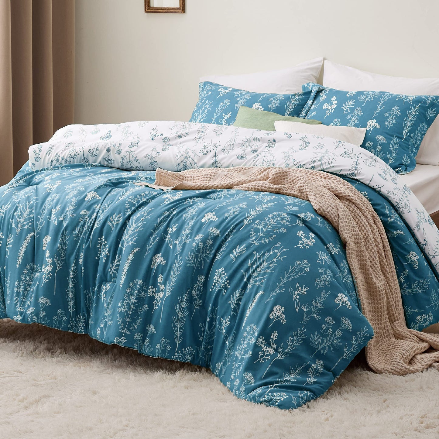 Bedsure Queen Comforter Set - Dark Purple Bed Set, 3 Pieces Cute Floral Bedding, 1 Soft Reversible Botanical Flowers Comforter and 2 Pillow Shams