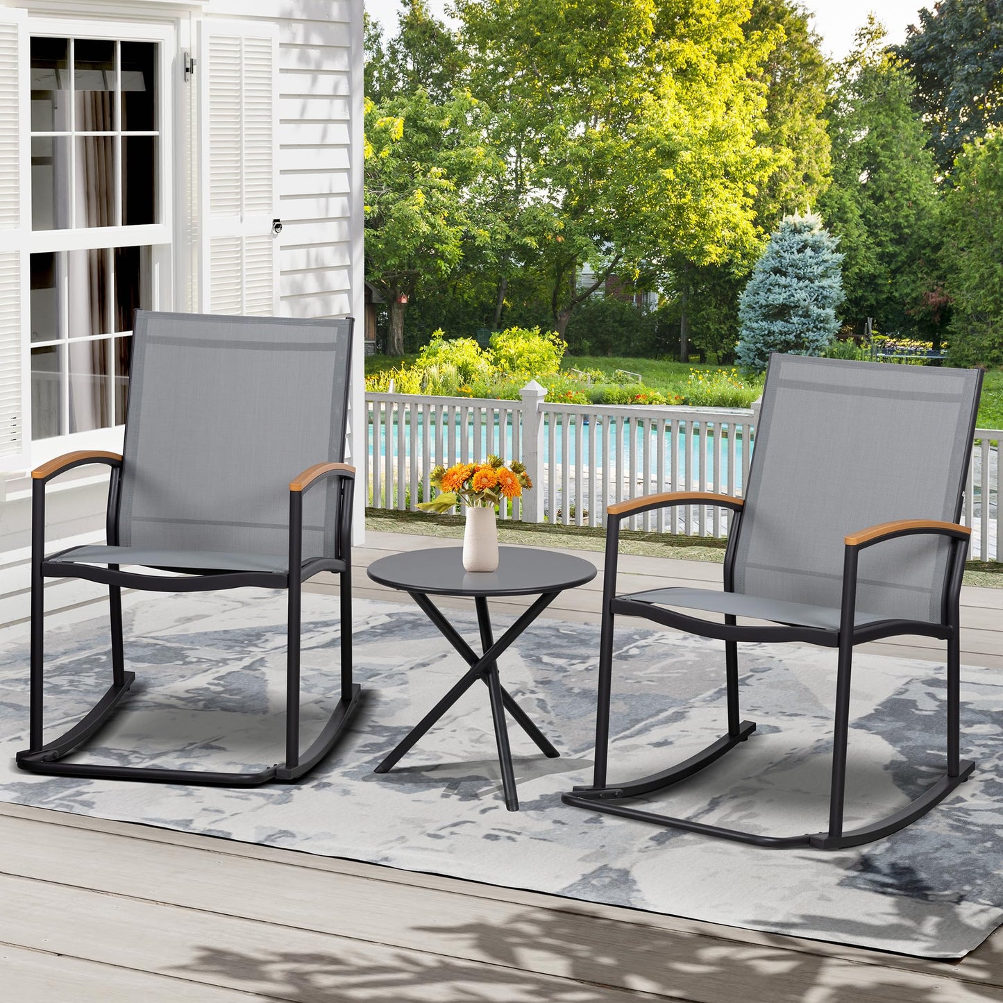 Shintenchi 3 Piece Outdoor Rocking Bistro Set, Textilene Fabric Small Patio Furniture Set, Front Porch Rocker Chairs Conversation Set with Table for Lawn, Garden, Balcony, Poolside (Black)