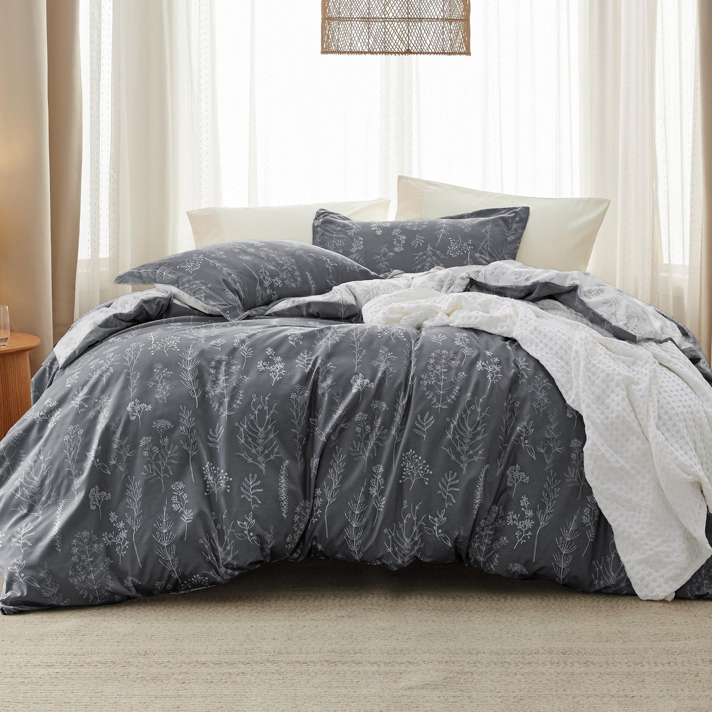 Bedsure Queen Comforter Set - Dark Purple Bed Set, 3 Pieces Cute Floral Bedding, 1 Soft Reversible Botanical Flowers Comforter and 2 Pillow Shams