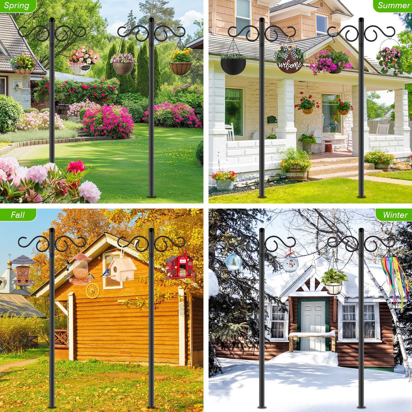 Double Shepherds Hooks for Outdoor,2 Pack 90 Inch Bird Feeder Pole with 5 Prongs Base,Heavy Duty Shepherds Hook,Suitable for Garden in Hanging Flower Basket,Lantern,Bird Nests (90 Inch)