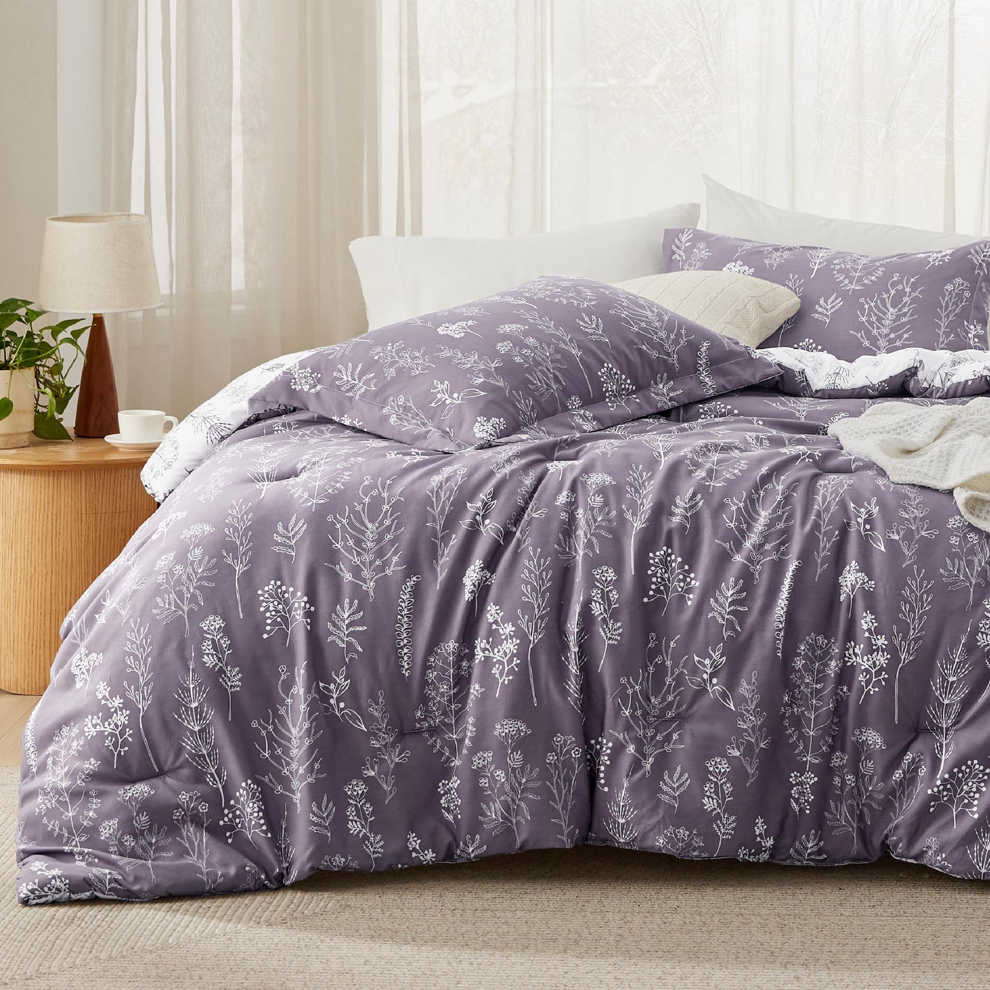 Bedsure Queen Comforter Set - Dark Purple Bed Set, 3 Pieces Cute Floral Bedding, 1 Soft Reversible Botanical Flowers Comforter and 2 Pillow Shams