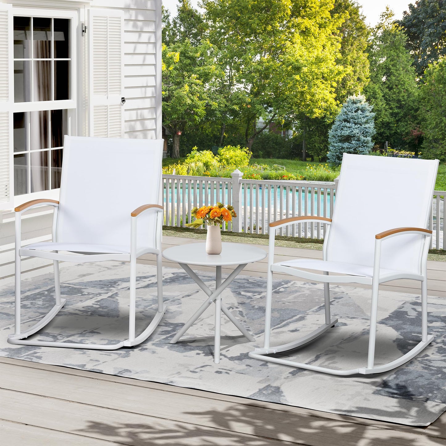 Shintenchi 3 Piece Outdoor Rocking Bistro Set, Textilene Fabric Small Patio Furniture Set, Front Porch Rocker Chairs Conversation Set with Table for Lawn, Garden, Balcony, Poolside (Black)