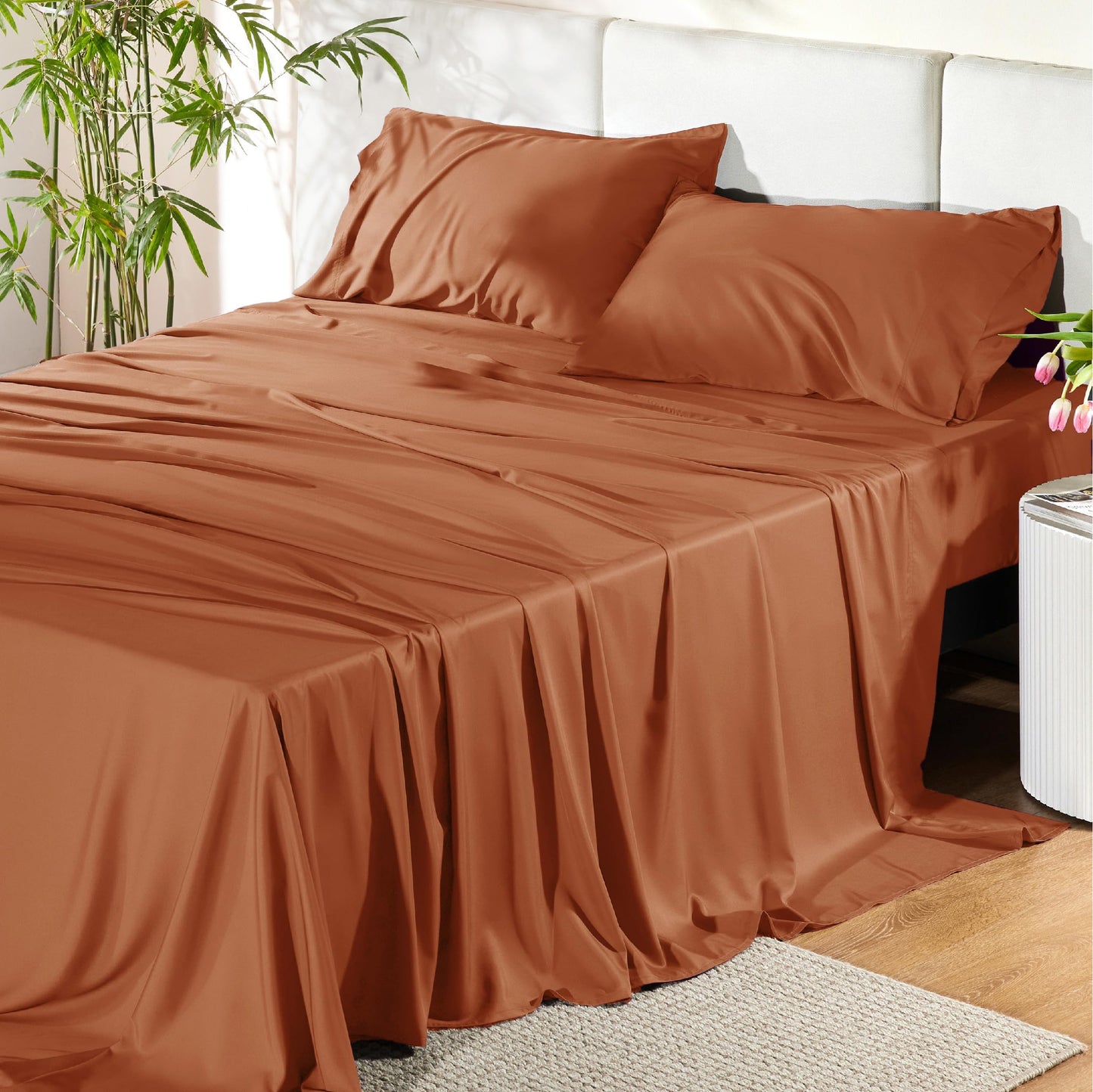 Bedsure Queen Sheet Set, Cooling Sheets for Queen Size Bed Set, Rayon Derived from Bamboo, Breathable & Soft Deep Pocket Up to 16 Inches, Hotel Luxury Silky Bedding, Bedsheet & Pillowcases, Dark Grey