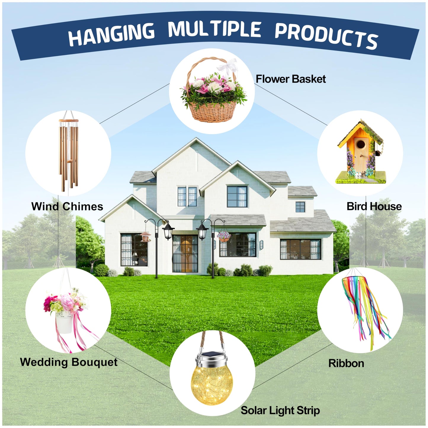 Ottsuls Bird Feeder Pole, 2 Pack 92 INCH Double Shepherds Hooks for Outdoor, Garden Pole with 5 Base Prongs Heavy Duty Planter Hooks for Hanging Plant Baskets, Lantern, Hummingbird Feeder