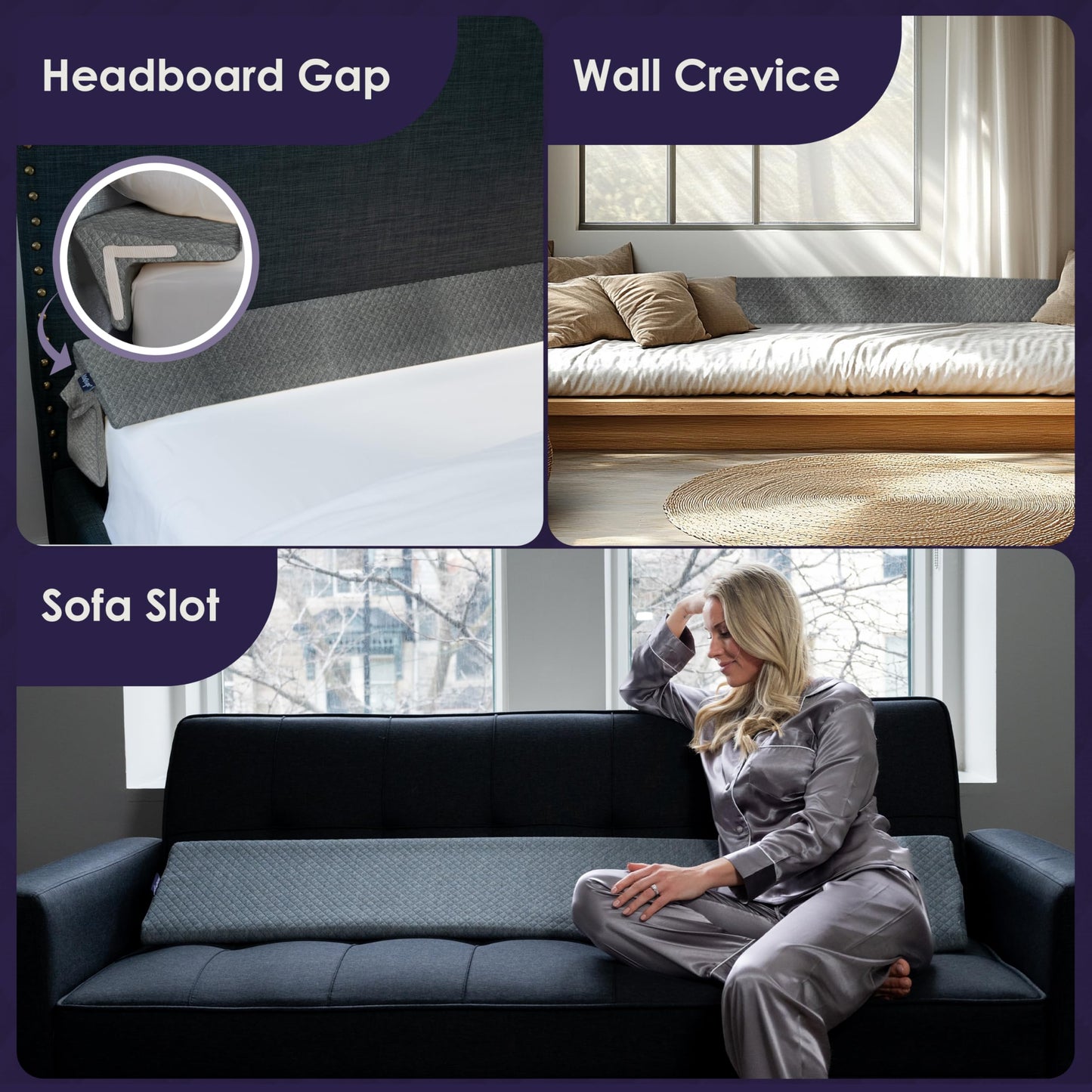 Bed Wedge Pillow for Headboard Gap Up to 7", Triangle Pillow Wedge for Headboard Gap, Bed Gap Filler, Mattress Wedge Gap Filler, Headboard Space Filler, Corner Pillow, Grey Twin 39"