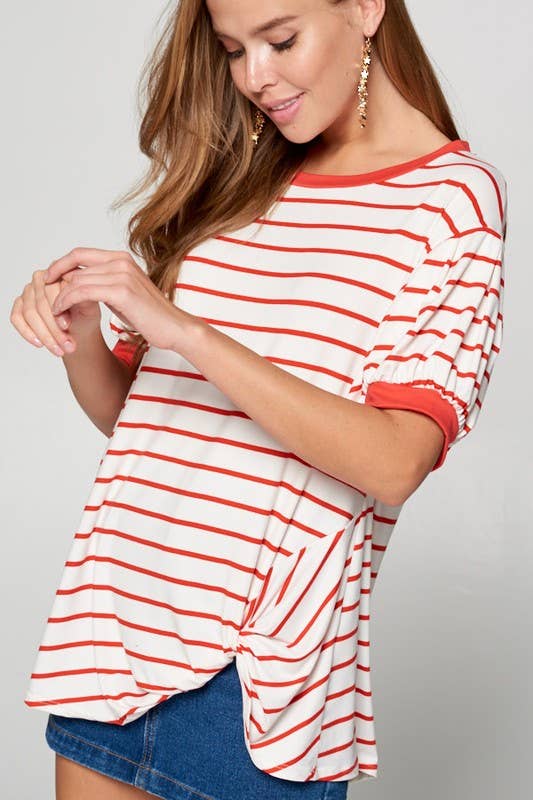 ETK-7615 Striped Bubble Sleeve Side Twist Top