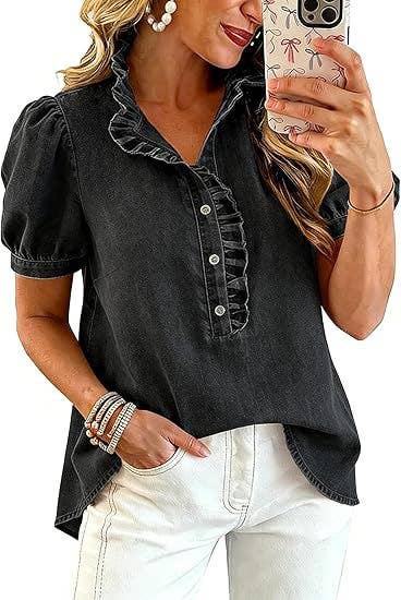 Women's Short Sleeve Button-Up Ruffle Neck Denim Top