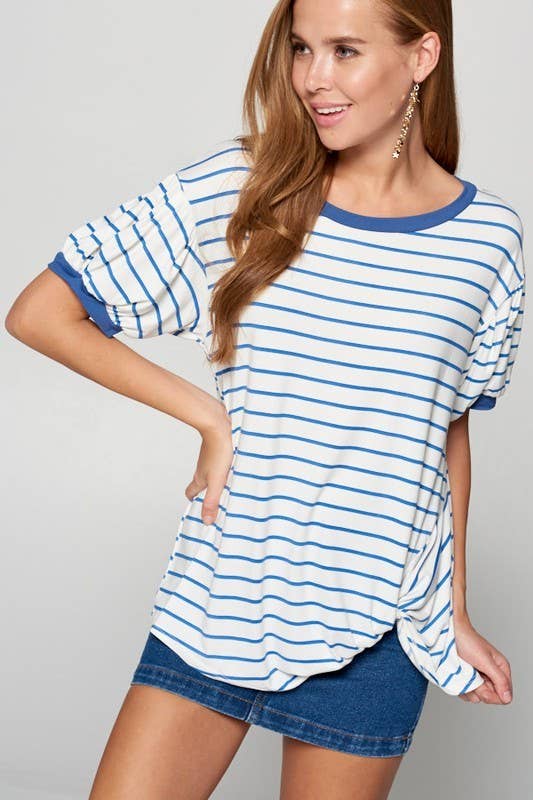 ETK-7615 Striped Bubble Sleeve Side Twist Top